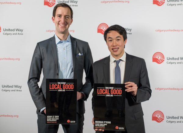 Adam Le Dain and Brennan O’Yeung win the Culbert Family Award For Philanthropy during the Spirit of Gold Awards at the Big Four Roadhouse in Calgary on Tuesday, Feb. 12, 2019.